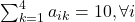 \sum_{k=1}^4 a_{ik} = 10, \forall i