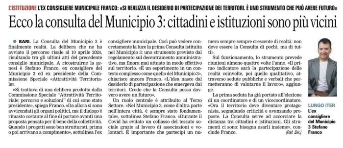 Intervista di Stefano Franco sulla Gazzetta del Mezzogiorno dedicata alla Consulta del Terzo Settore nel Municipio 3 di Bari